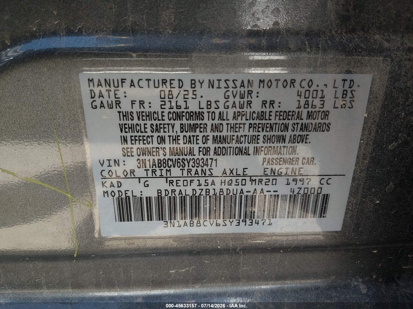2025 Nissan Sentra VIN 3N1AB8CV6SY393471 IAAI salvage auction — FRONT END, Salvage Title, sold $7,700 on 2026-07-22 (photo 9)
