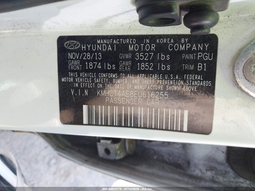 2014 Hyundai Accent VIN KMHCT4AE8EU616255 IAAI salvage auction — NORMAL WEAR, Clear - Dealer Only (California), sold $375 on 2026-07-23 (photo 9)
