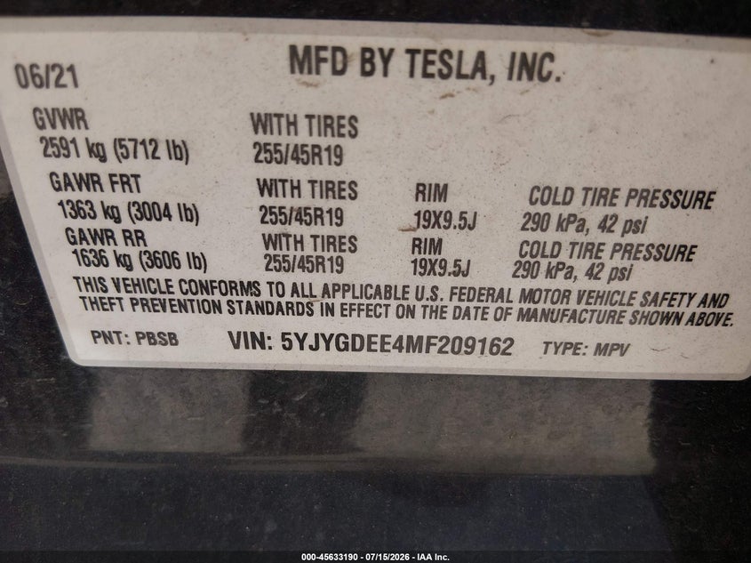 2021 Tesla Model y VIN 5YJYGDEE4MF209162 IAAI salvage auction — NORMAL WEAR, Clear (Colorado), sold $1,550 on 2026-07-30 (photo 9)