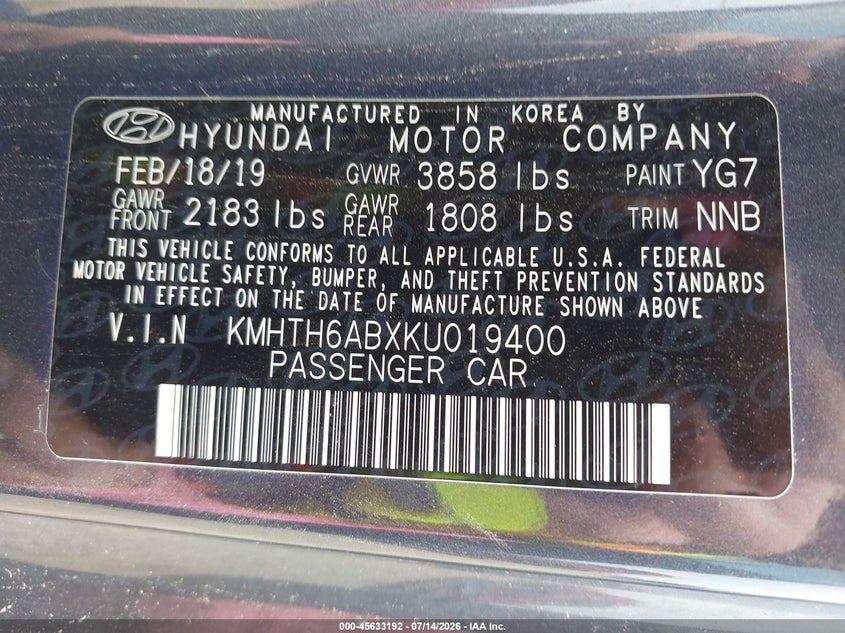 2019 Hyundai Veloster VIN KMHTH6ABXKU019400 IAAI salvage auction — NORMAL WEAR, Original (Texas), sold $2,450 on 2026-07-29 (photo 9)