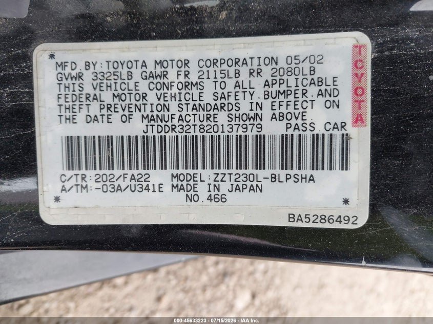 2002 Toyota Celica VIN JTDDR32T820137979 IAAI salvage auction — RIGHT FRONT, Salvage (Texas), sold $225 on 2026-07-25 (photo 9)