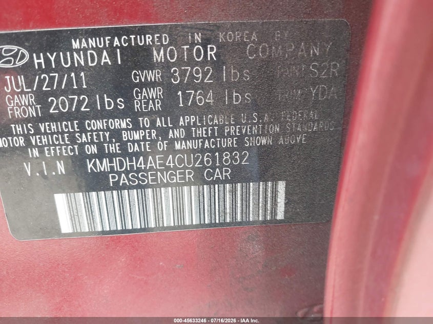 2012 Hyundai Elantra VIN KMHDH4AE4CU261832 IAAI salvage auction — LEFT SIDE, Salvage Certificate (California), sold $1,325 on 2026-07-31 (photo 9)
