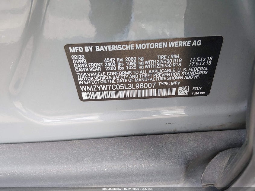 2020 Mini Countryman VIN WMZYW7C05L3L98007 IAAI salvage auction — LEFT FRONT, Salvage Title, sold $3,250 on 2026-08-07 (photo 9)