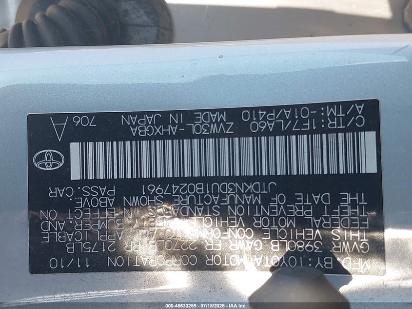2011 Toyota Prius VIN JTDKN3DU1B0247961 IAAI salvage auction — NORMAL WEAR, Clear (Kansas), sold $1,100 on 2026-07-28 (photo 9)
