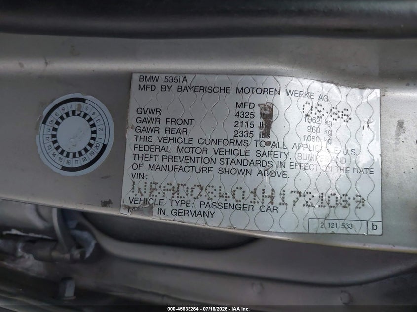 1987 BMW 5 series VIN WBADC8401H1721089 IAAI salvage auction — REAR END, Bill Of Sale (Washington), sold $7,200 on 2026-08-02 (photo 9)