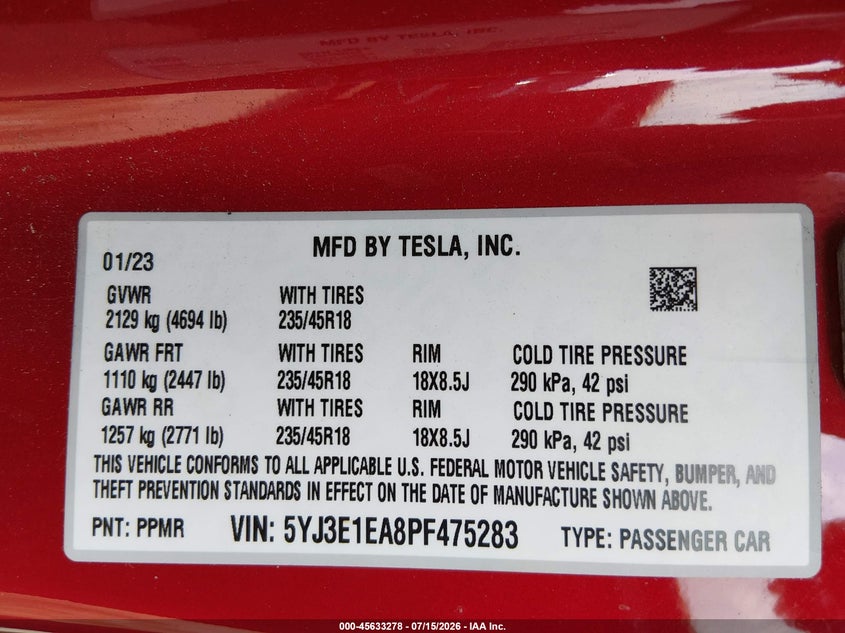 2023 Tesla Model 3 VIN 5YJ3E1EA8PF475283 IAAI salvage auction — RIGHT FRONT, Bill Of Sale (Washington), sold $3,150 on 2026-07-30 (photo 9)