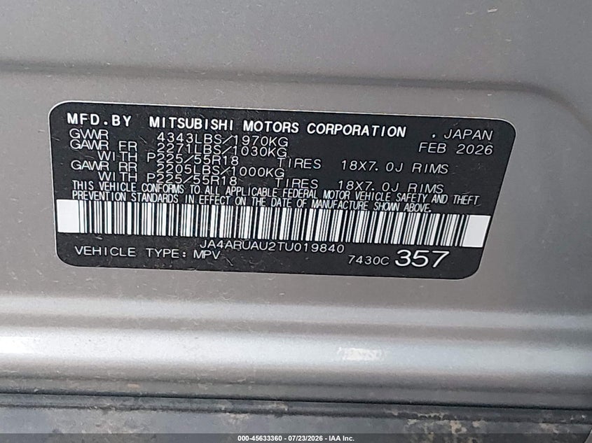 2026 Mitsubishi Outlander sport VIN JA4ARUAU2TU019840 IAAI salvage auction — ENGINE DAMAGE, Clear (Colorado), sold $125 on 2026-07-28 (photo 9)