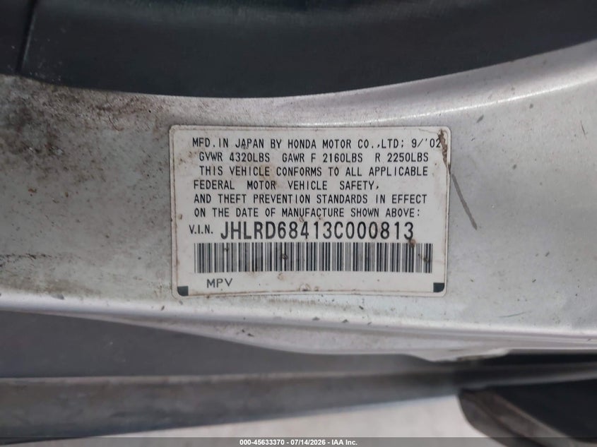 2003 Honda Cr-v VIN JHLRD68413C000813 IAAI salvage auction — NORMAL WEAR, Clear (Florida), sold $1,250 on 2026-07-29 (photo 9)