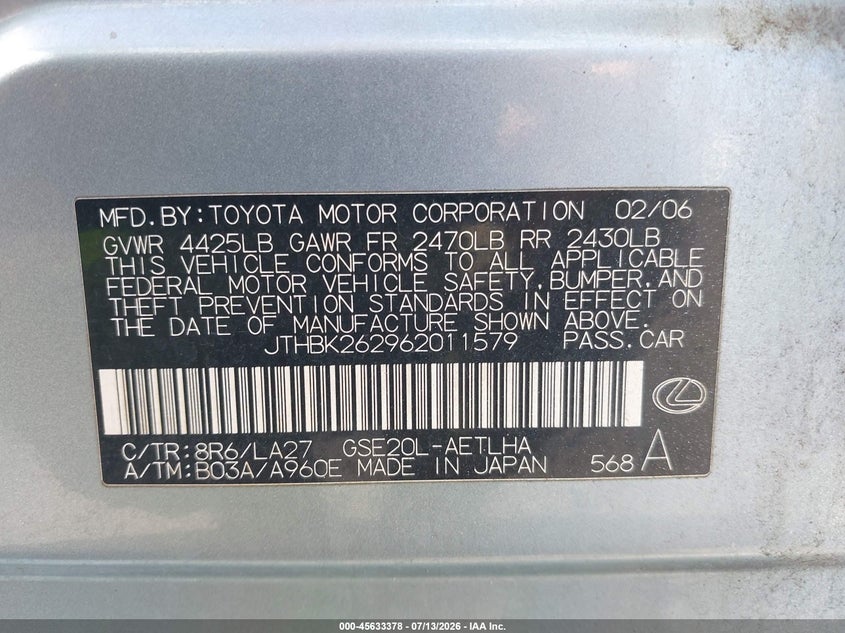 2006 Lexus Is 250 VIN JTHBK262962011579 IAAI salvage auction — NORMAL WEAR, Clear (Hawaii), sold $150 on 2026-07-28 (photo 9)