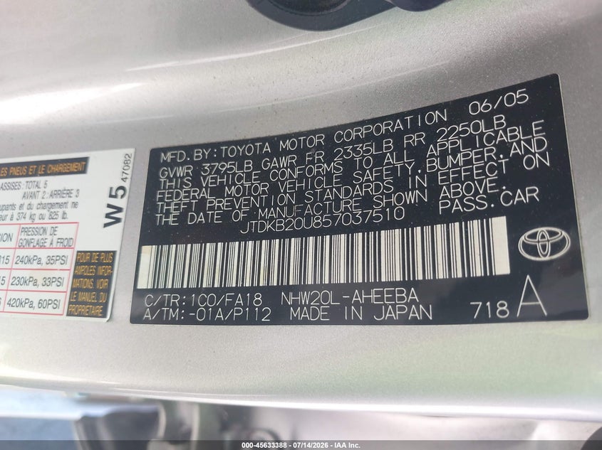 2005 Toyota Prius VIN JTDKB20U857037510 IAAI salvage auction — NORMAL WEAR, Clear - Dealer Only (California), sold $75 on 2026-07-29 (photo 9)