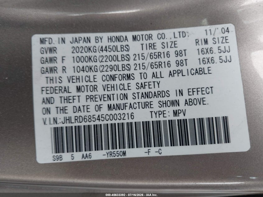 2005 Honda Cr-v VIN JHLRD68545C003216 IAAI salvage auction — VANDALISM, Salvage (California), sold $75 on 2026-07-30 (photo 9)