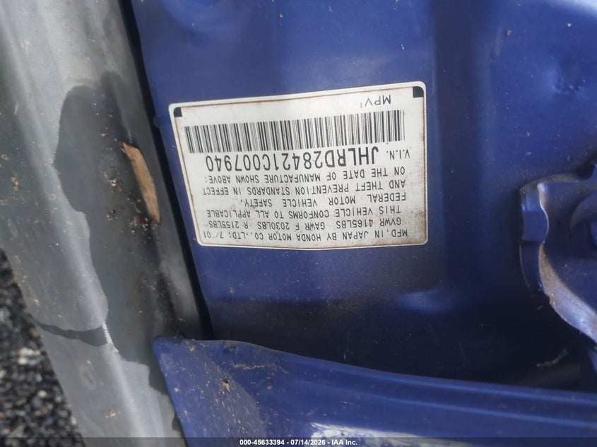 2001 Honda Cr-v VIN JHLRD28421C007940 IAAI salvage auction — NORMAL WEAR, Salvage (South Carolina), sold $225 on 2026-07-28 (photo 9)