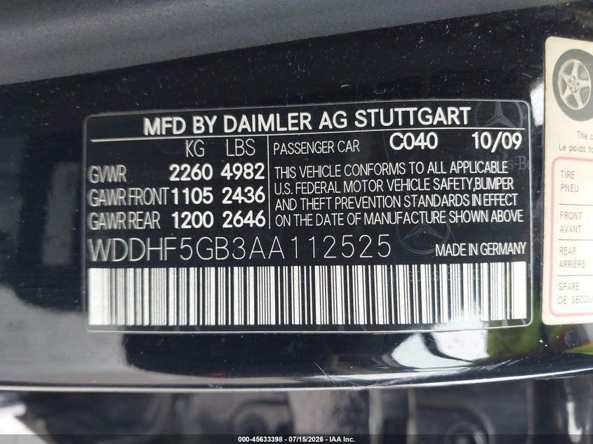 2010 Mercedes-benz E-class VIN WDDHF5GB3AA112525 IAAI salvage auction — NORMAL WEAR, Original (Texas), sold $900 on 2026-08-05 (photo 9)