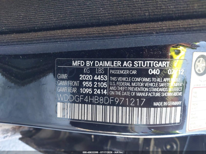 2013 Mercedes-benz C class VIN WDDGF4HB8DF971217 IAAI salvage auction — NORMAL WEAR, Clear (Georgia), sold $525 on 2026-07-29 (photo 9)
