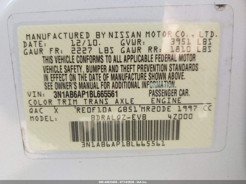 2011 Nissan Sentra VIN 3N1AB6AP1BL665561 IAAI salvage auction — NORMAL WEAR, Clear - Dealer Only (California), sold $25 on 2026-07-25 (photo 9)