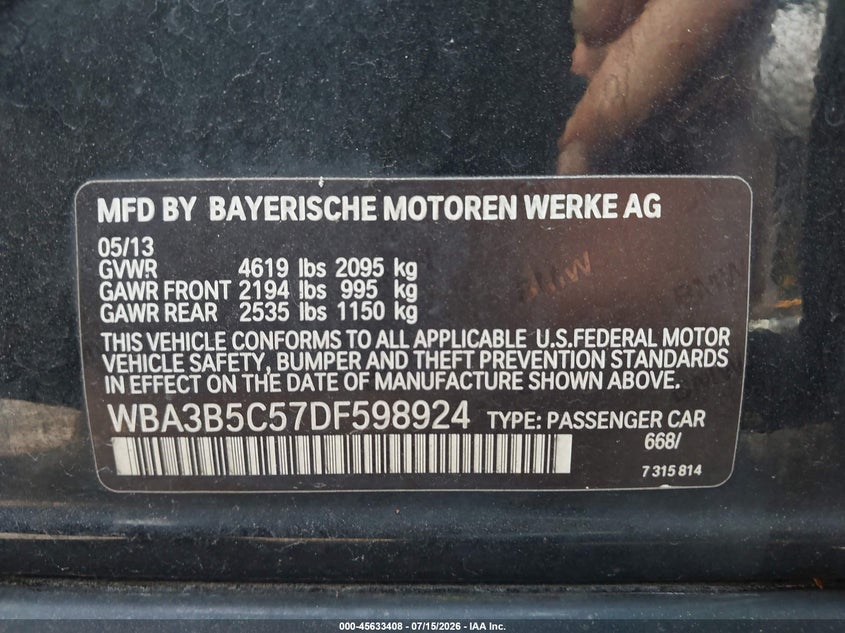 2013 BMW 3 series VIN WBA3B5C57DF598924 IAAI salvage auction — NORMAL WEAR, Clear (Indiana), sold $450 on 2026-07-29 (photo 9)