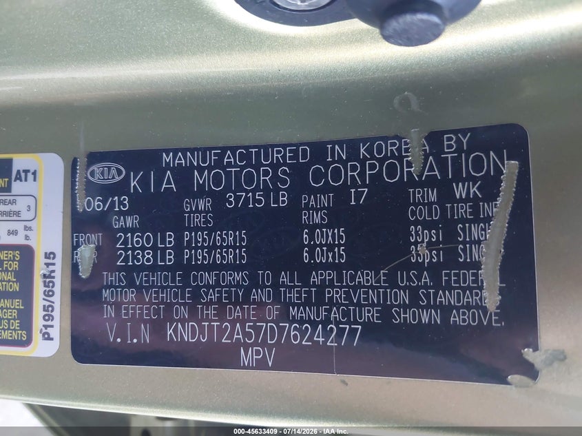 2013 Kia Soul VIN KNDJT2A57D7624277 IAAI salvage auction — FRONT END, Salvage Title, sold $25 on 2026-07-28 (photo 9)