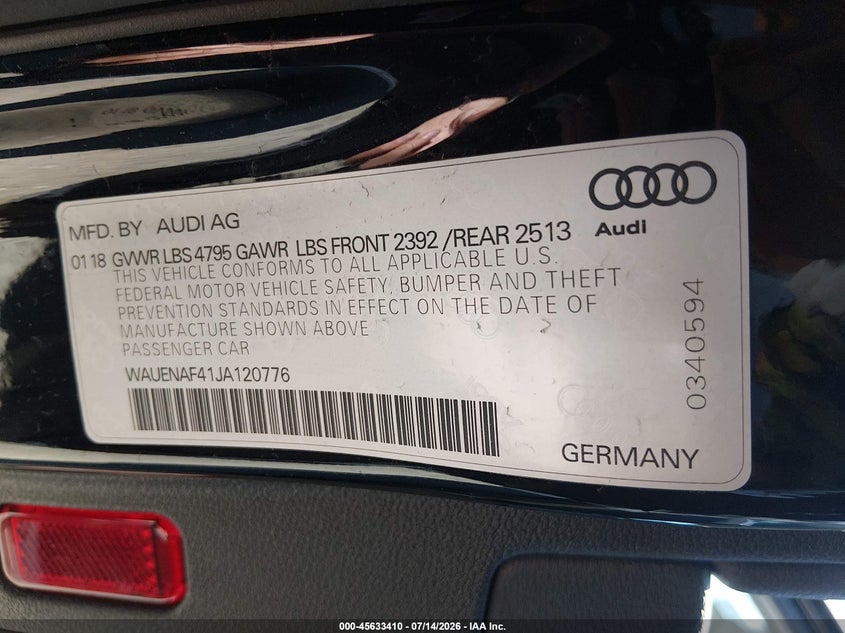 2018 Audi A4 VIN WAUENAF41JA120776 IAAI salvage auction — REAR END, Salvage Title, sold $4,500 on 2026-07-25 (photo 9)