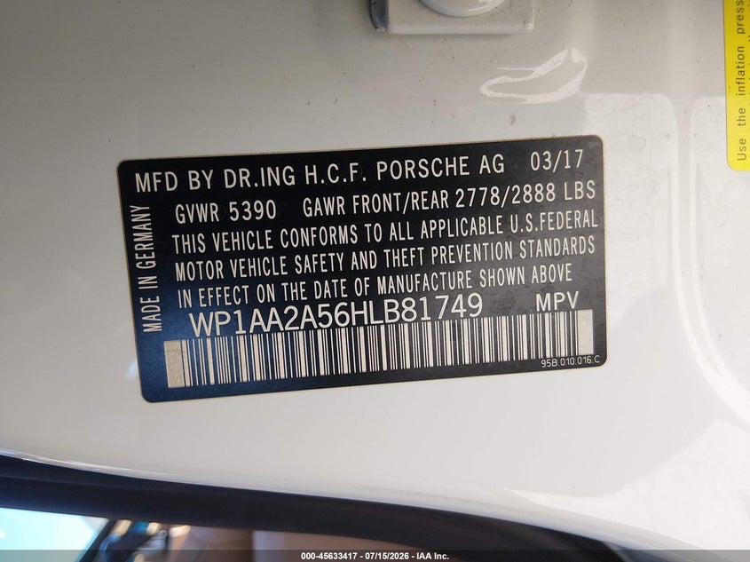 2017 Porsche Macan VIN WP1AA2A56HLB81749 IAAI salvage auction — REAR END, Wait Title, sold $7,800 on 2026-08-26 (photo 9)