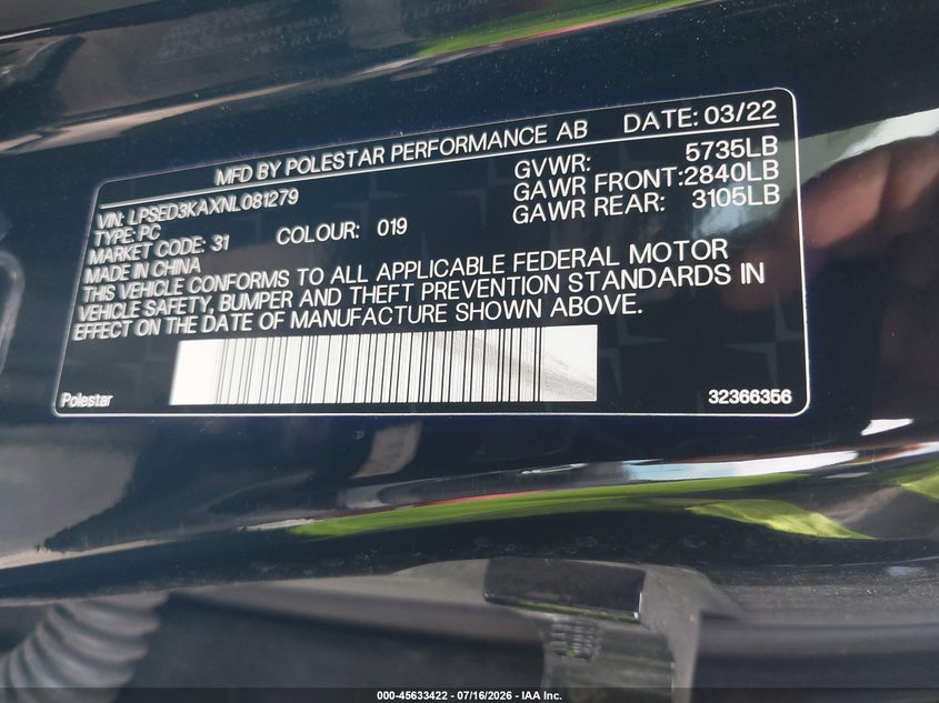 2022 Polestar 2 VIN LPSED3KAXNL081279 IAAI salvage auction — REAR END, Wait Title, sold $8,700 on 2026-09-04 (photo 9)
