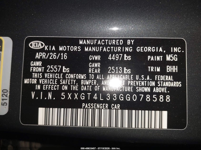 2016 Kia Optima VIN 5XXGT4L33GG078588 IAAI salvage auction — FRONT END, Salvage Title, sold $1,350 on 2026-07-28 (photo 9)