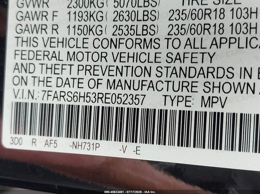 2024 Honda Cr-v VIN 7FARS6H53RE052357 IAAI salvage auction — REAR END, Salvage Title, sold $13,100 on 2026-07-30 (photo 9)