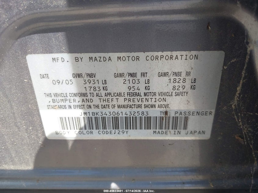 2006 Mazda 3 VIN JM1BK343061432583 IAAI salvage auction — NORMAL WEAR, Clear (Virginia), sold $25 on 2026-07-28 (photo 9)