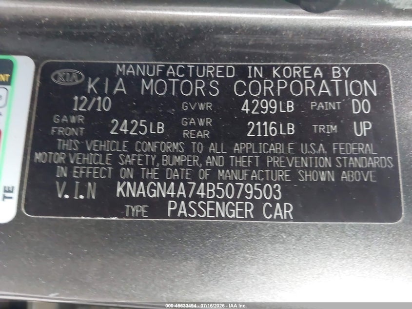 2011 Kia Optima VIN KNAGN4A74B5079503 IAAI salvage auction — FRONT & REAR, Bill Of Sale (Washington), sold $575 on 2026-07-24 (photo 9)