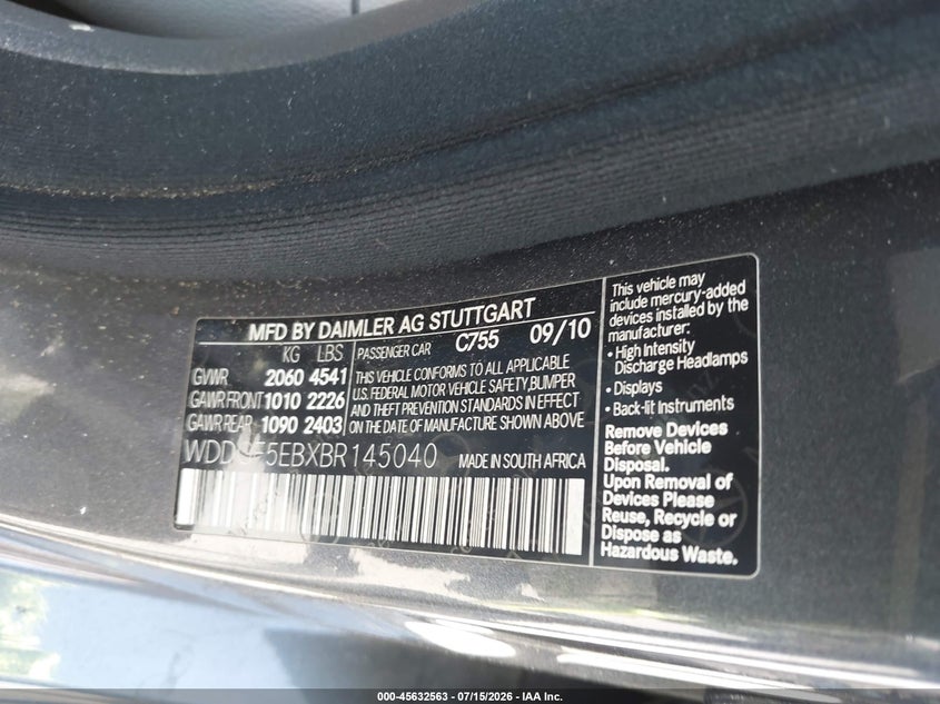 2011 Mercedes-benz C class VIN WDDGF5EBXBR145040 IAAI salvage auction — REAR END, Salvage Certificate (California), sold $875 on 2026-08-05 (photo 9)