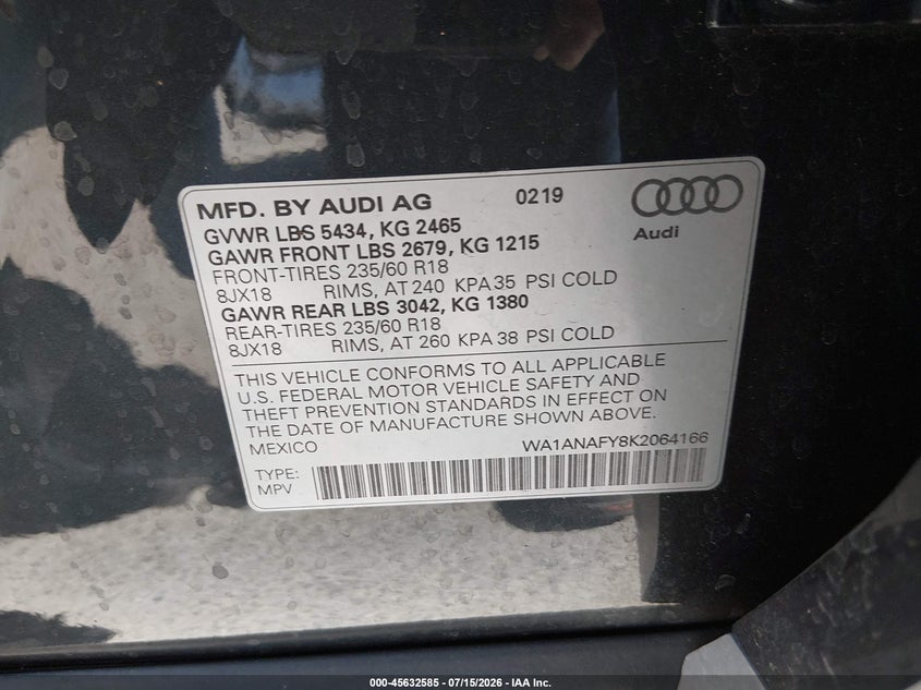 2019 Audi Q5 VIN WA1ANAFY8K2064166 IAAI salvage auction — RIGHT SIDE, Salvage Title, sold $9,850 on 2026-09-02 (photo 9)
