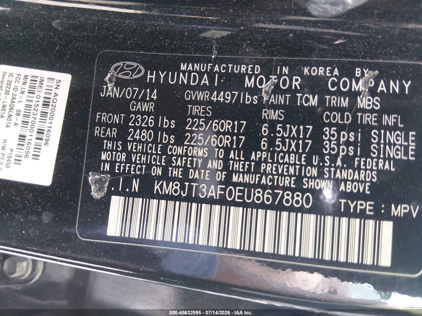2014 Hyundai Tucson VIN KM8JT3AF0EU867880 IAAI salvage auction — NORMAL WEAR, Clear (Nevada), sold $1,950 on 2026-07-17 (photo 9)