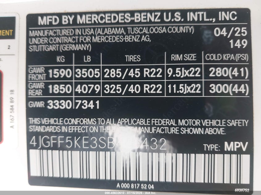 2025 Mercedes-benz Gls-klasse VIN 4JGFF5KE3SB445432 IAAI salvage auction — RIGHT FRONT, Salvage Title, sold $43,500 on 2026-08-24 (photo 9)