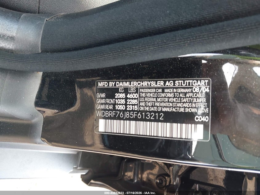 2005 Mercedes-benz C-klasse amg VIN WDBRF76J85F613212 IAAI salvage auction — FRONT & REAR, Salvage Certificate (California), sold $3,350 on 2026-08-09 (photo 9)