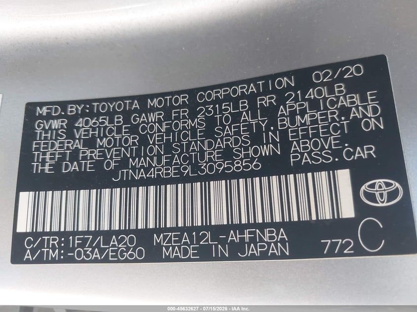 2020 Toyota Corolla VIN JTNA4RBE9L3095856 IAAI salvage auction — REAR END, Salvage Title, sold $5,500 on 2026-08-01 (photo 9)