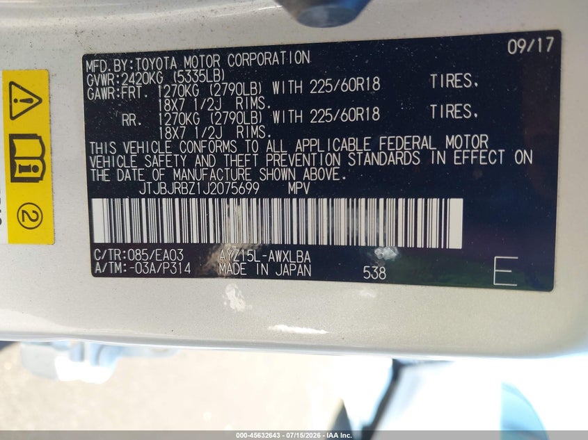 2018 Lexus Nx VIN JTJBJRBZ1J2075699 IAAI salvage auction — LEFT SIDE, Salvage Certificate (California), sold $8,400 on 2026-07-31 (photo 9)