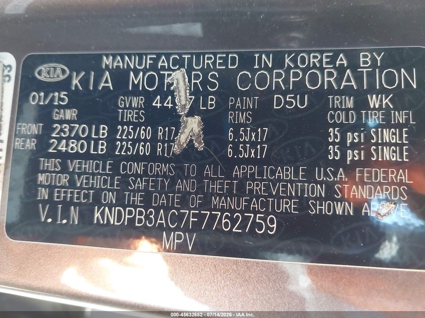 2015 Kia Sportage VIN KNDPB3AC7F7762759 IAAI salvage auction — VANDALISM, Salvage Title, sold $775 on 2026-07-28 (photo 9)