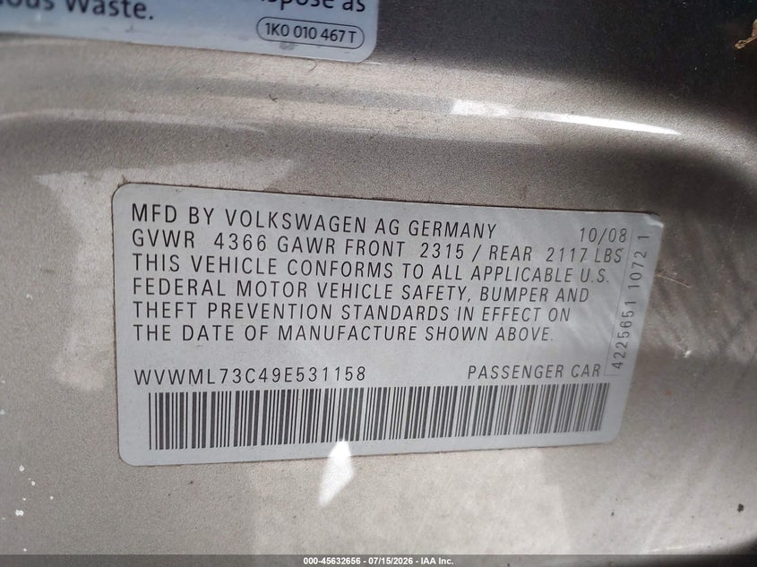 2009 Volkswagen Cc VIN WVWML73C49E531158 IAAI salvage auction — NORMAL WEAR, Clear (New Jersey), sold $700 on 2026-07-23 (photo 9)
