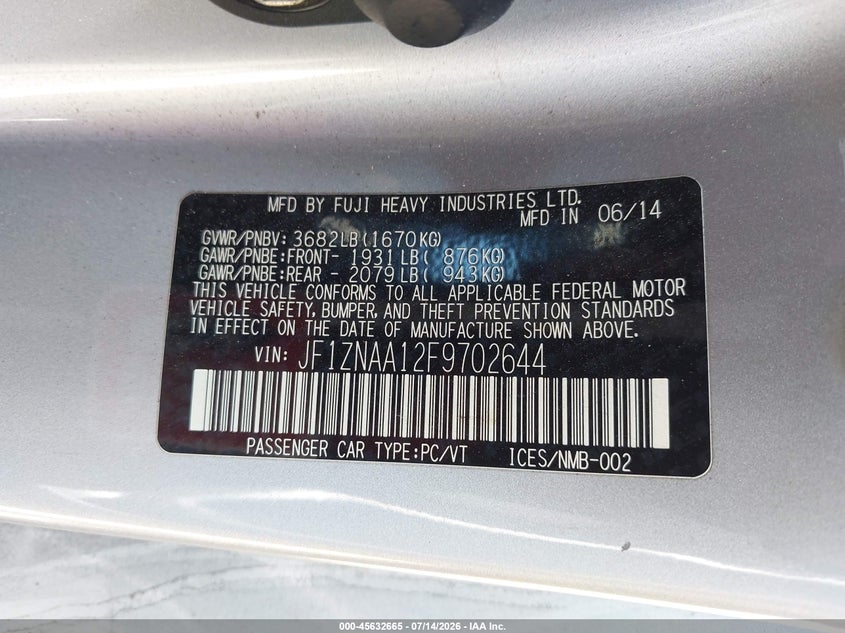 2015 Scion Fr-s VIN JF1ZNAA12F9702644 IAAI salvage auction — FRONT END, Wait Title, sold $1,800 on 2026-09-16 (photo 9)