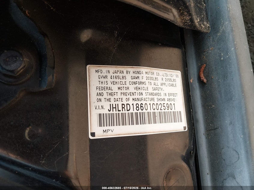 2001 Honda Cr-v VIN JHLRD18601C025901 IAAI salvage auction — NORMAL WEAR, Clear (Virginia), sold $475 on 2026-07-23 (photo 9)