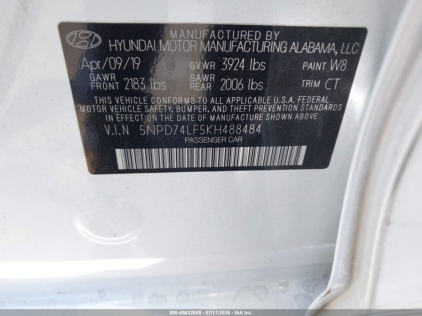 2019 Hyundai Elantra VIN 5NPD74LF5KH488484 IAAI salvage auction — THEFT, Salvage Title, sold $3,450 on 2026-07-31 (photo 9)