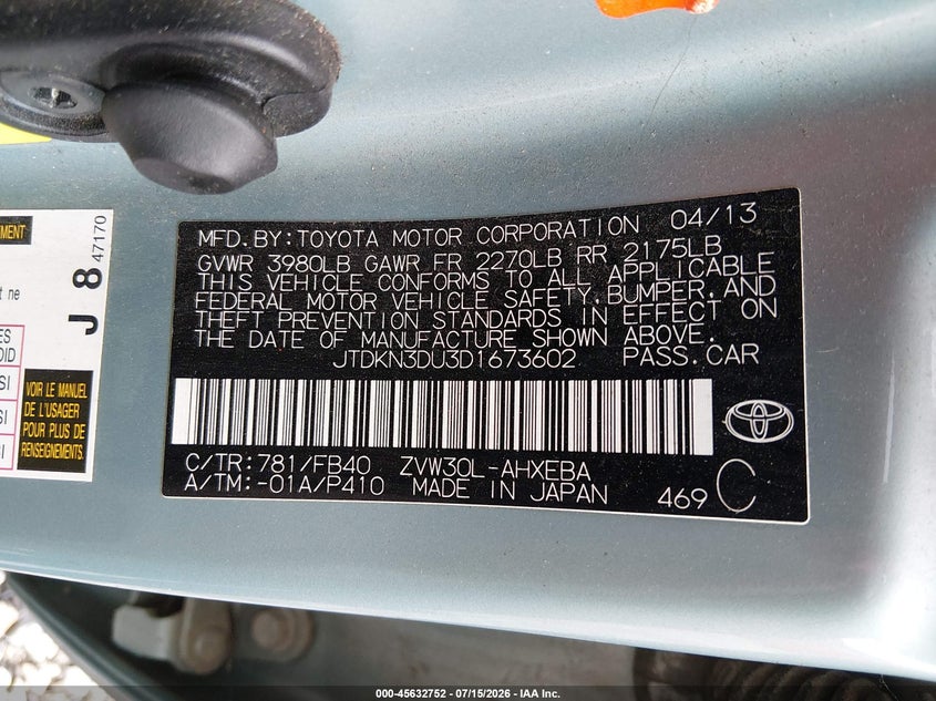 2013 Toyota Prius VIN JTDKN3DU3D1673602 IAAI salvage auction — NORMAL WEAR, Clear (Arkansas), sold $1,750 on 2026-07-30 (photo 9)