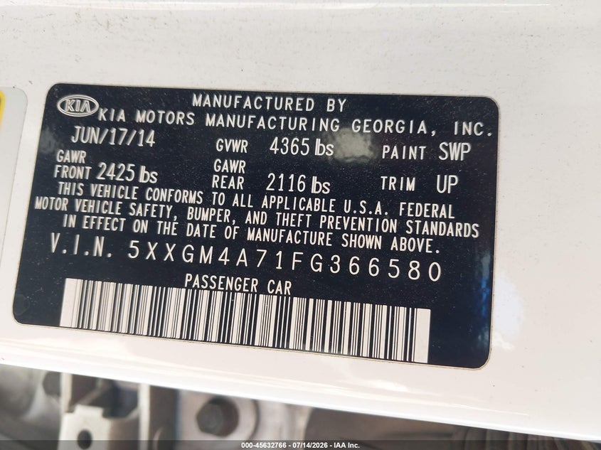 2015 Kia Optima VIN 5XXGM4A71FG366580 IAAI salvage auction — NORMAL WEAR, Clear (Colorado), sold $550 on 2026-07-29 (photo 9)