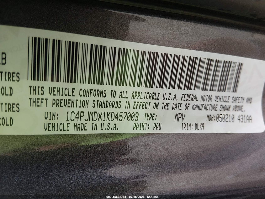 2019 Jeep Cherokee VIN 1C4PJMDX1KD457003 IAAI salvage auction — HAIL, Salvage Title, sold $5,000 on 2026-08-06 (photo 9)
