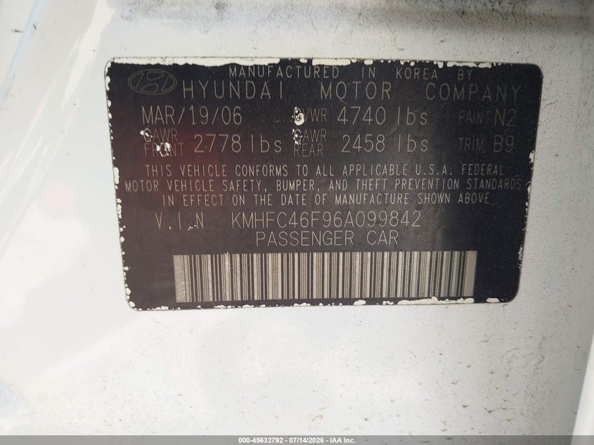 2006 Hyundai Azera VIN KMHFC46F96A099842 IAAI salvage auction — NORMAL WEAR, Clear (Washington), sold $375 on 2026-07-29 (photo 9)