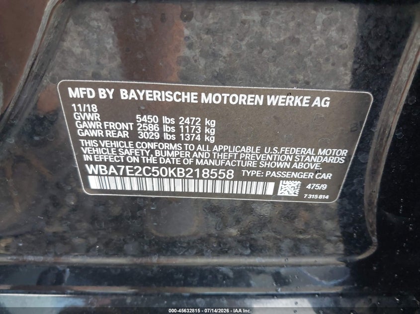 2019 BMW 7er VIN WBA7E2C50KB218558 IAAI salvage auction — RIGHT SIDE, Wait Title, sold $8,200 on 2026-09-11 (photo 9)