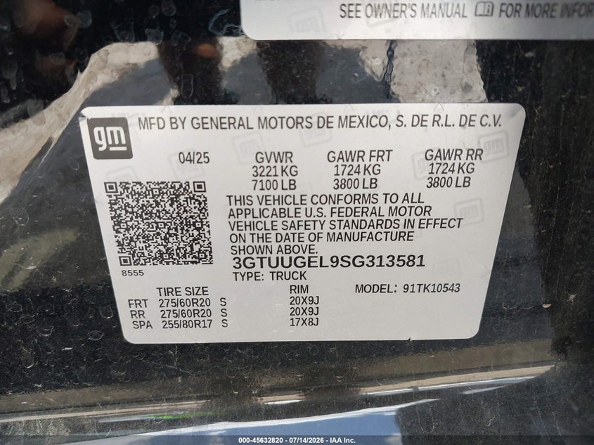 2025 Gmc SIERRA VIN 3GTUUGEL9SG313581 IAAI salvage auction — RIGHT SIDE, Salvage Title, sold $25,650 on 2026-10-05 (photo 9)