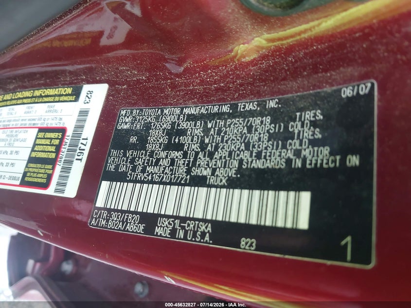 2007 Toyota Tundra VIN 5TFRV54167X017721 IAAI salvage auction — NORMAL WEAR, Clear (Georgia), sold $1,900 on 2026-07-28 (photo 9)