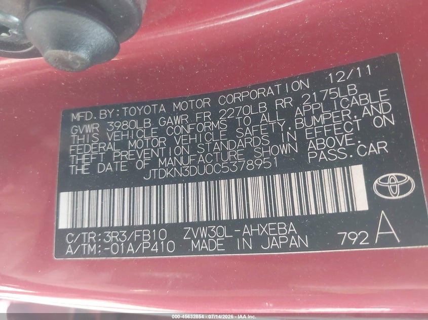 2012 Toyota Prius VIN JTDKN3DU0C5378951 IAAI salvage auction — NORMAL WEAR, Clear (Utah), sold $550 on 2026-07-30 (photo 9)
