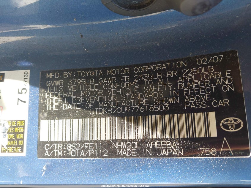 2007 Toyota Prius VIN JTDKB20U977618503 IAAI salvage auction — FRONT & REAR, Salvage (California), sold $325 on 2026-07-29 (photo 9)