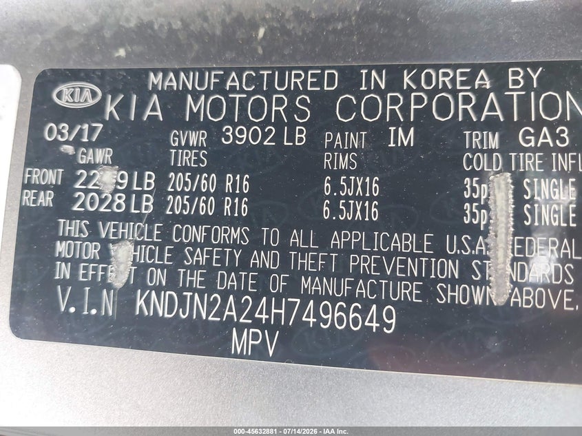 2017 Kia Soul VIN KNDJN2A24H7496649 IAAI salvage auction — NORMAL WEAR, Clear - Dealer Only (California), sold $400 on 2026-07-29 (photo 9)
